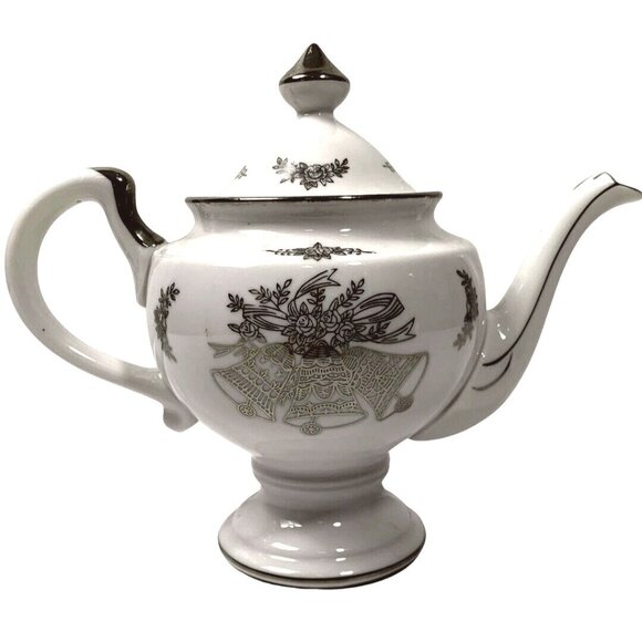 Vintage Happy Silver Anniversary Teapot 25 Years Bells Floral Collectible Gift - Picture 3 of 9